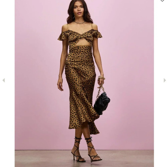 Never Fully Dressed Ruffle Sleeve Cut Out Maxi Dress NWT Leopard Brown Size 6 - Picture 1 of 11